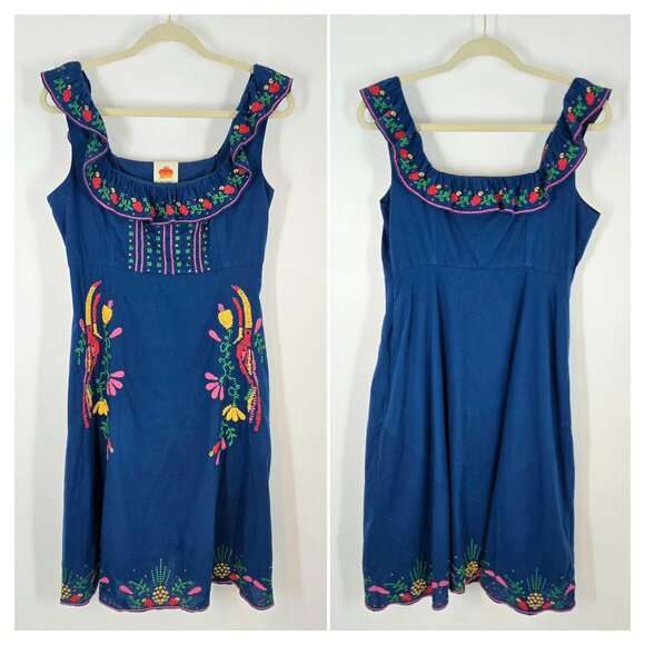 Farm Rio Blue Cross Stitch Embroidered Midi Dress w/ Ruffle Women's Size Medium - Picture 2 of 12